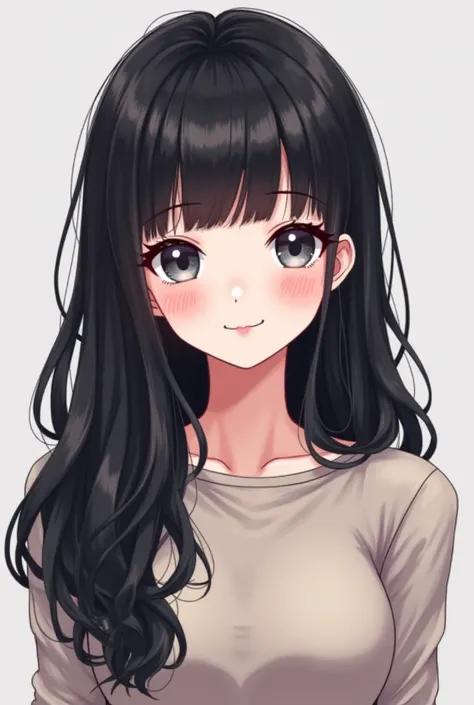 Chat can generate a thin anime-style 2D art image , of a 20-year-old woman ,  long wavy black hair with straight bangs ,  large gray eyes slightly lilac ,  white skin ,  clothes in neutral tones ,  thin and low a slightly slender and delicate figure, With ...