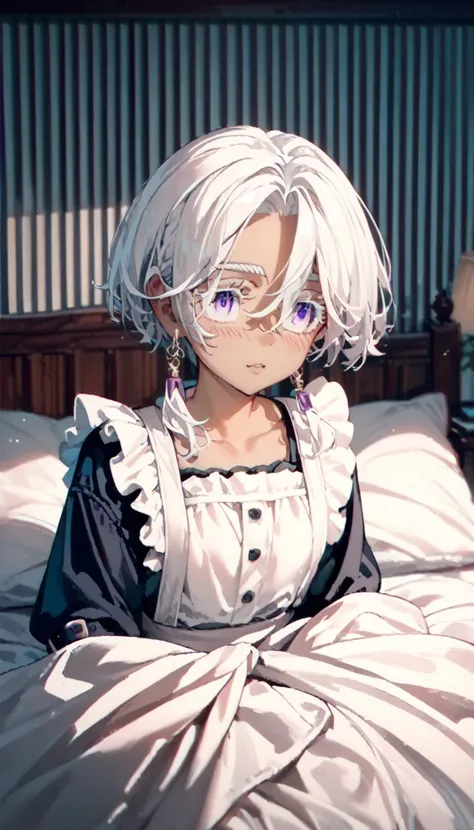    dark-skinned girl with long white hair , violet eyes, with big bust, wearing a cute kawaii maid costume and wearing a slightly long shirt while listening to music sitting on a bed , 