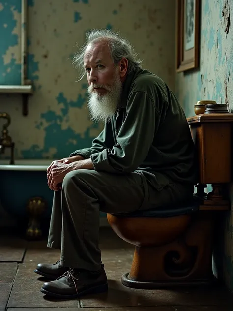 Create old man sitting on the toilet