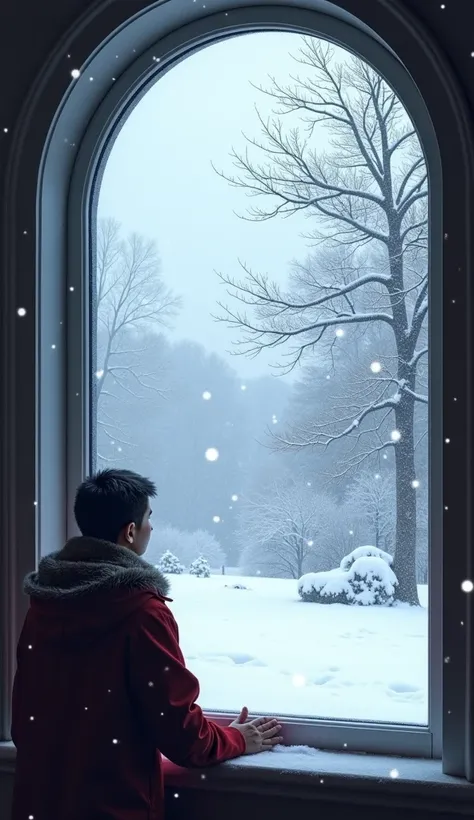 From a beautiful window you can watch snow fall. 