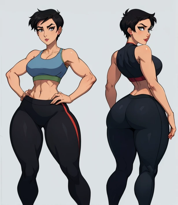 Femme Fatale, Lois Lane, very short black hair, grey eyes, beautiful face, perfect female anatomy, perfect sexy thighs, tight ass leggings, crop top , full body shot, cowboy shot, perfect female body 