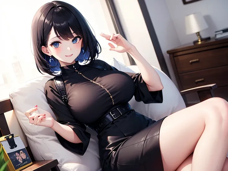 Black hair,   Simple and tidy dress , Sexy girl ,   big breasts,   blue eyes  , The right hand holds a leather bag  , Wear earrings , ,  gently smiling face  ,   alone ,   high school girl   , Azur Lane style image  