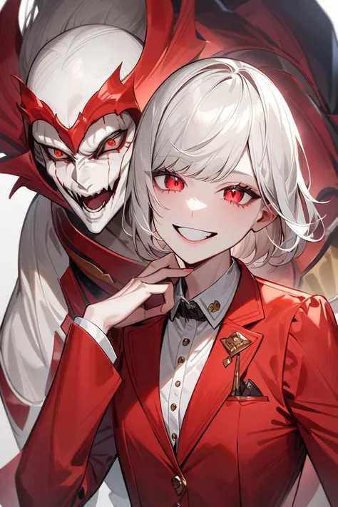 a tall albino women with white hair, with a middle-Parted Tomboy Haircut, crimson eyes, tomboy, have a handsome face, looks crafty, a mischievous smile, wearing all crimson red suit,detailed face, extremely detailed