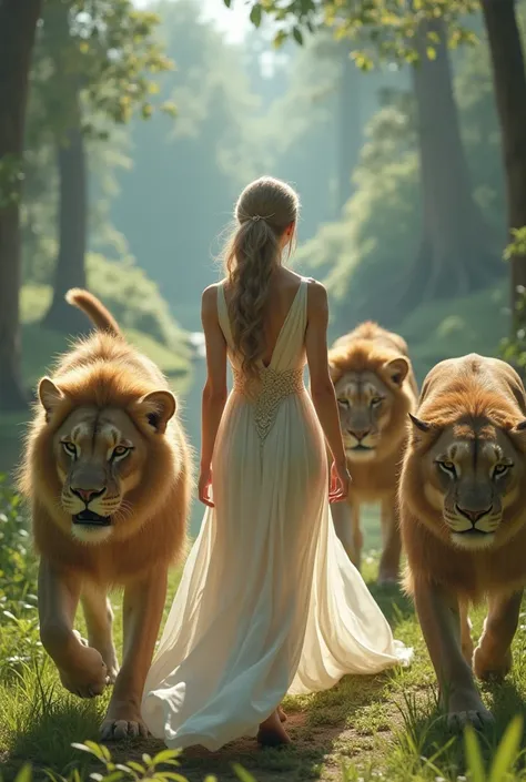 Beautiful and graceful woman walking with lions
