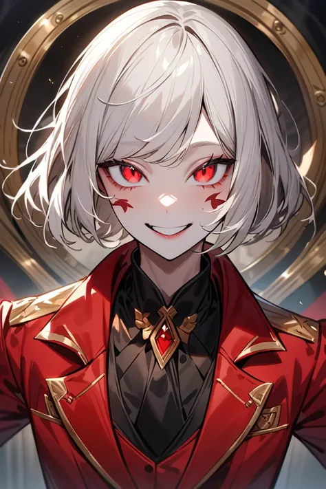 a tall albino women with white hair, with a middle-Parted Tomboy Haircut, crimson eyes, tomboy, have a handsome face, looks crafty, a mischievous smile, wearing all crimson red suit,detailed face, extremely detailed