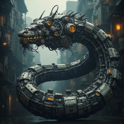 a long mechanical snake, intricate detailed gears and machinery, steampunk style, cold metallic colors, dramatic lighting, cinematic composition, (best quality,4k,8k,highres,masterpiece:1.2),ultra-detailed,(realistic,photorealistic,photo-realistic:1.37),hi...