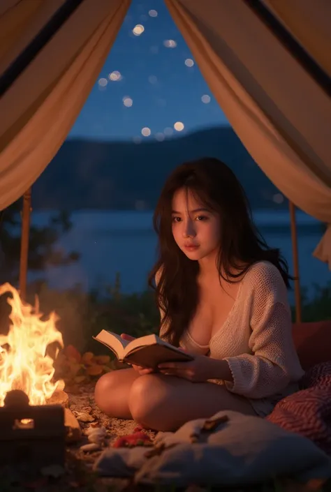 (a young woman reading in a tent outdoors, surrounded by campfire and starry sky,best quality,4k,8k,highres,masterpiece:1.2),ultra-detailed,(realistic,photorealistic,photo-realistic:1.37),beautiful detailed eyes,beautiful detailed lips,extremely detailed e...