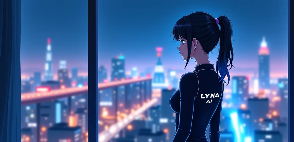 A anime woman in her early 20s stands in front of a large window, gazing out into the quiet, serene night. She wears sleek, high-tech nightwear featuring the LYNA AI logo, designed with subtle futuristic aesthetics. Her glossy black hair with blue highligh...