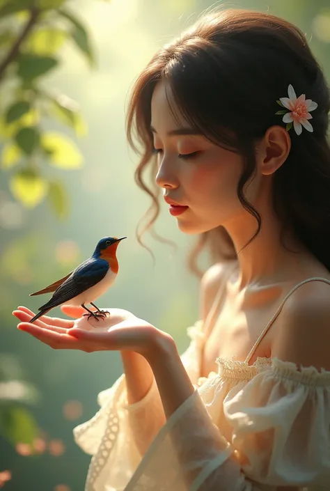 swallow bird on beautiful lady hand 