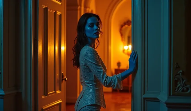 "A beautiful charming hot and sexy woman with blue skin wearing a beautiful silver embroidered suit. She is standing in the doorway of a beautiful house and knocking and looking sideways. The lighting is warm and dramatic, casting soft shadows, with a glow...