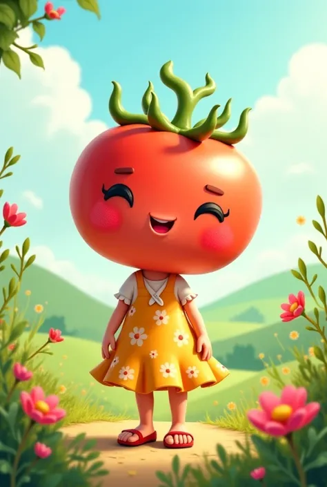 Create cute and sweet tomato girl wearing dress and flat shoes and having a ribbon on head