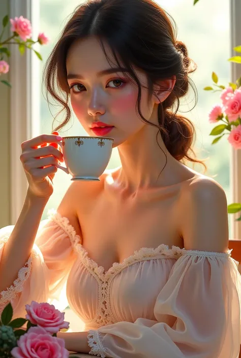 Create a The most beautiful girl drinking tea