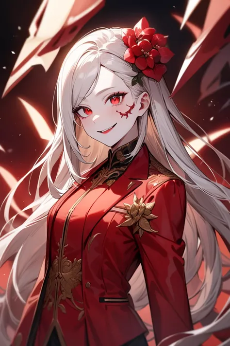 a tall albino women with white hair, with a one side swept hairstyle, crimson eyes, tomboy, have a handsome face, looks crafty, a mischievous smile, wearing all crimson red suit,detailed face, extremely detailed