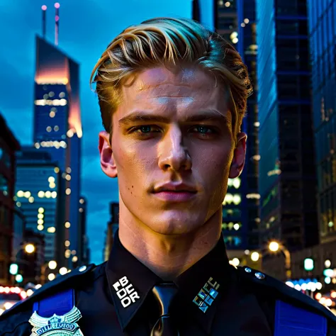 British-German male police officer, age 20, street patrol in bustling city with skyscrapers, light blond hair, cool style, striking blue eyes, light reflecting, steely gaze, sleek leather uniform, muscular build, noir film aesthetic, sense of strength, you...