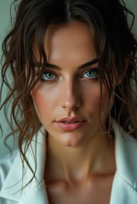  Close-up portrait of a woman young man with abundant and wet brown hair that falls disorderly on his face ,  accentuating his fierce and penetrating gray eyes and subtly subtly complexion Red .  His expression conveys a deep emotion ,  a mix of intensity ...