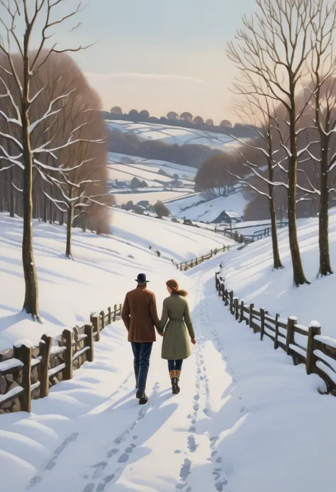 Close-up painting of a couple walking in the snow, inspired by Anna Whelan Betts, 4to, high detail