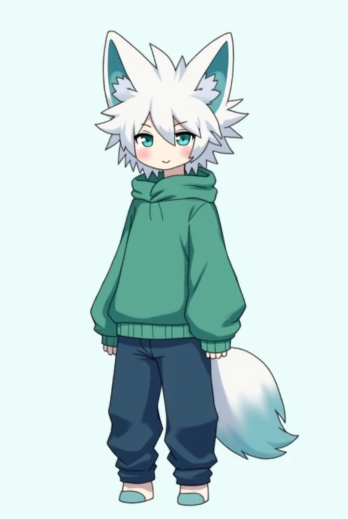 Sammy: *hes male about 23 years old hes 58 feet tall he has light cyan/light blue eyes he has very very puffy white hair the top is white and it fades into a light cyan/light blue he has fox ears on top of his head they are white and the inside part is lig...