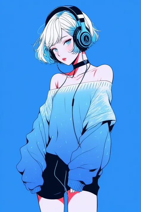 Illustrator, anime , Realistic ,sketch , 1 person, ,lip, Off-the-shoulder sweater, (((whole body))), order, Blue gradient background, Neon Short Hair,Wearing headphones, Texture Trim, Canadian, (masterpiece,Highest quality) cancer,dance hall,dance club