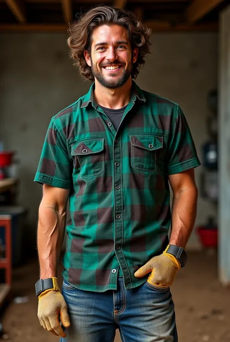 40 year old man mixed race Jewish suntanned skin big stormy blue eyes medium length curly brown hair strong upper body build stout green checkered flannel black tshirt dirt covered blue jeans work gloves sawdust wide crooked smile 