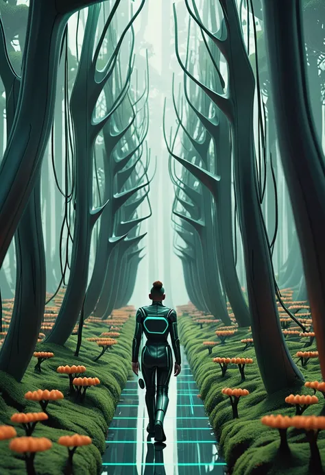 Cloves walking in a futuristic forest