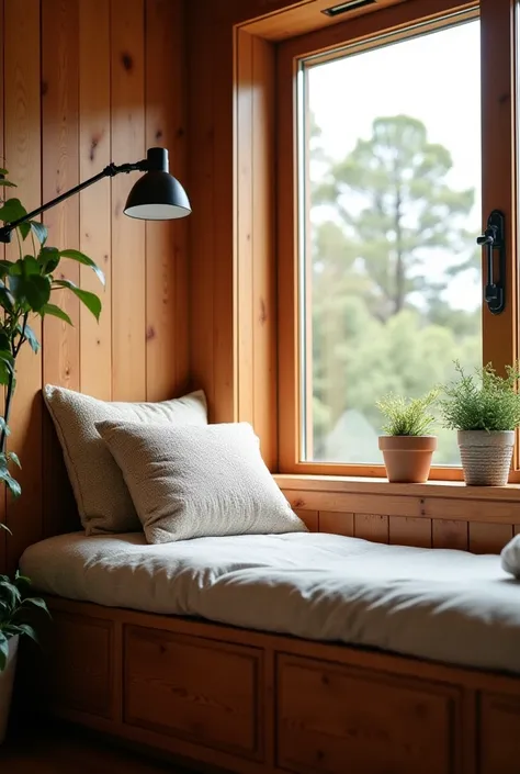 Picture of window seat work cushion and wooden wall in back