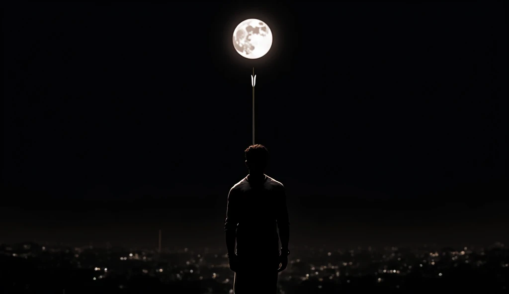 Design a cinematic music thumbnail in a minimalist, dark aesthetic. The background features a black night sky with a full moon centered at the top. A silhouette of a man stands in the foreground, slightly tilted upward, wearing a white outfit, with an arro...