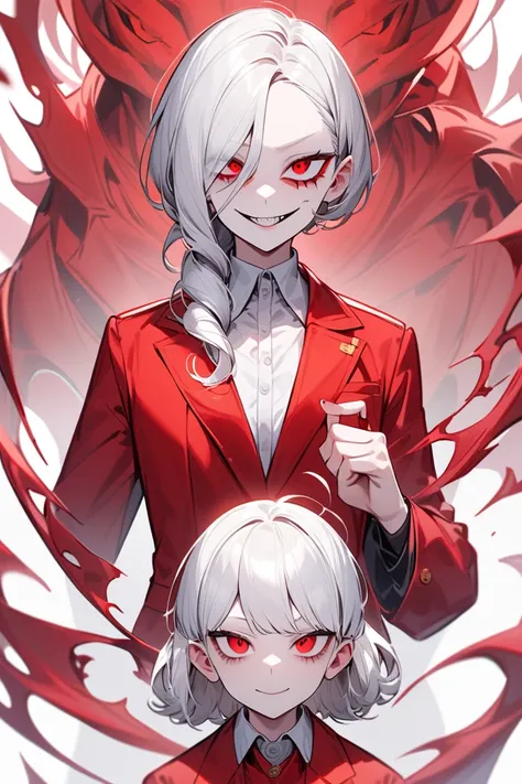 a tall albino women with white hair, with a one side swept hairstyle, crimson eyes, tomboy, have a handsome face, looks crafty, a evil smile, wearing all red suit,detailed face, extremely detailed