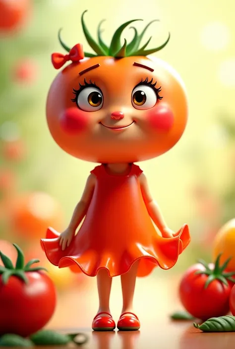 Create pretty, yummy and sweet tomato girl wearing dress and flat shoes and having a ribbon on head