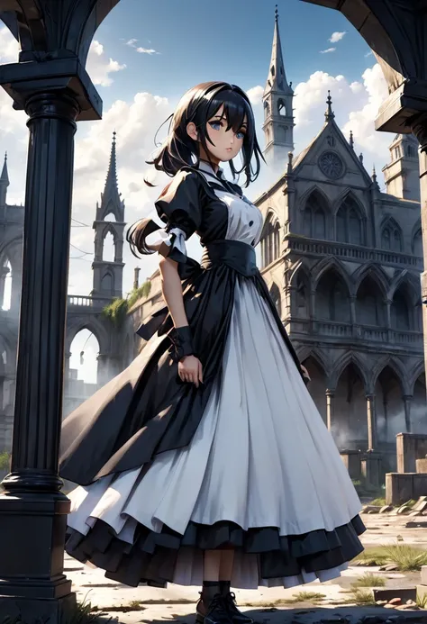 An anime girl is in an abandoned city with a sword,8 K, Anime Style 4k,   gothic maid style anime girl , 2.  5d cgi anime fantasy art, ,