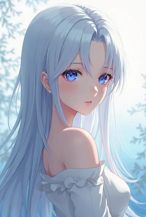 Focus on the long silver white hair ，Gorgeous blue eyes ， Japanese anime style woman