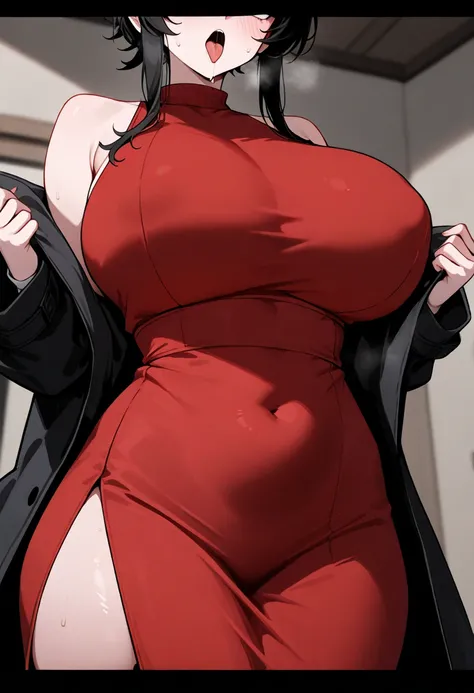  a close up of a woman in a red dress with a black coat, Oppai,  with big breasts ,  with big breasts , she is nonsense, Breasts showing nsfw , thick, on pixiv,  seductive anime, classificado como top on pixiv, ahegao, black haired mage