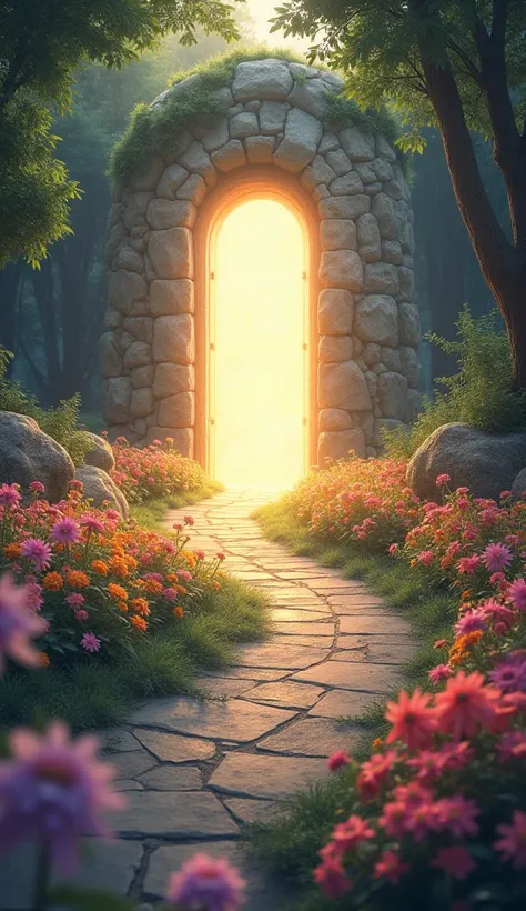  A path surrounded by flowers that leads to a door of light, symbolizing a new opportunity .