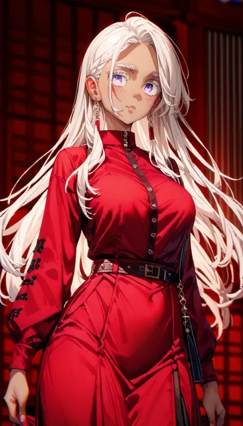  Brown-skinned girl with VERY VERY long white hair, violet eyes, with big bust, In a sexy tight red dress with a skirt that shows your thighs a little while you have a little blood on your face