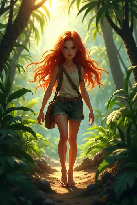 Jungle Girl, age 13, Adolescent,  long red hair, barefoot, realistic,  , new