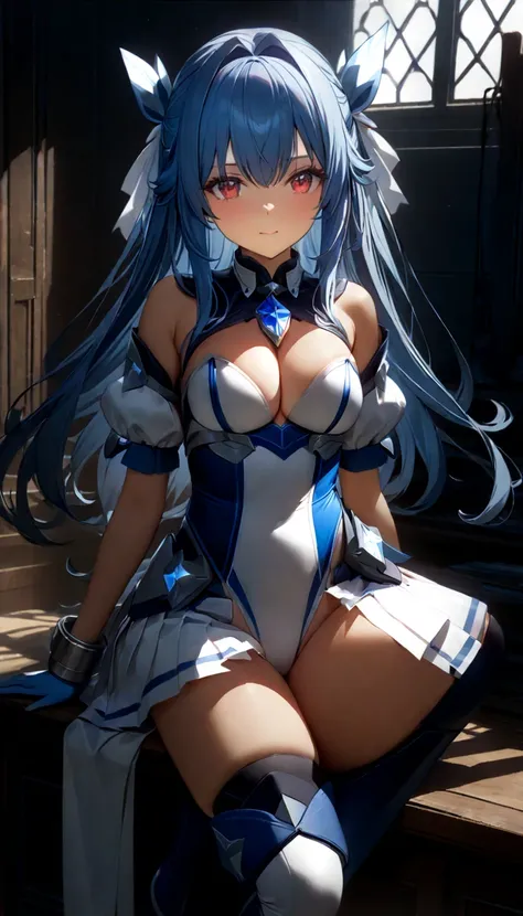  top quality 、unity 8k wallpaper、32K、masterpiece、 very detailed、 super high res、 very detailedな顔,  RAW photo,  professional ,  Super Detailed Painting ,　Ultra high definition, Daytime sunlight ,  blue hair、Princess Half Up、 red eyes、２0〜 female warrior arou...