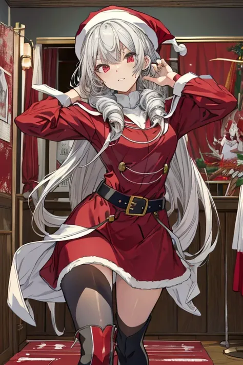 (1girl, silver hair, long hair, evil red eyes, crazy eyes, crazy smile:1.5, ), (santa clothes, santa hat, black tights, santa boots), (((holding ominous japanese sword ))), ((battlescene,slashilg,killing the mafia,blood splash)), (indoor, party room, chris...