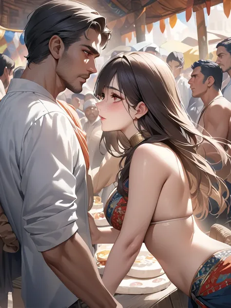 best quality, masterpiece, realistic, a man from a middle eastern background with alabaster, white dazzling skin woman and the man from indien background . they both are in a festival and they have a lot of colors and crowded masses. and market places in t...