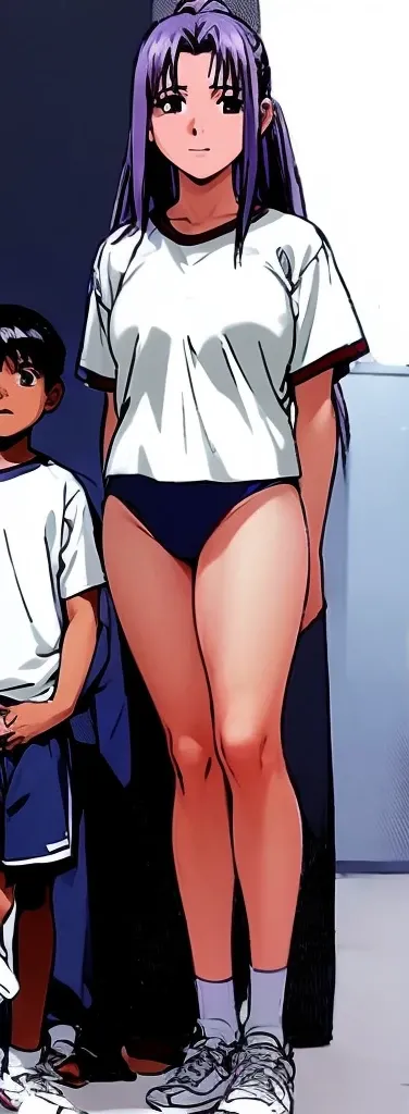  Momoko Koigakubo, who is tall and has beautiful legs, is standing with her legs spread out sideways in white gym clothes and bright dark blue panties。A boy in the 2nd grade of elementary school is standing next to Momoko Koigakubo in his jersey and is bei...