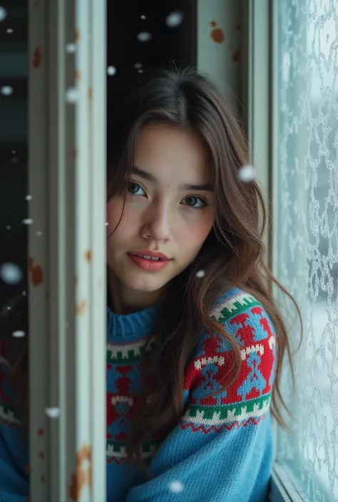 A mesmerizing 35mm film shot captures a 17-year-old girl in a sultry pose through a frosty window, as if beckoning viewers into her winter wonderland. The blue sweaters vibrant red, green, and white patterns contrast with the pale skin beneath her flowing ...