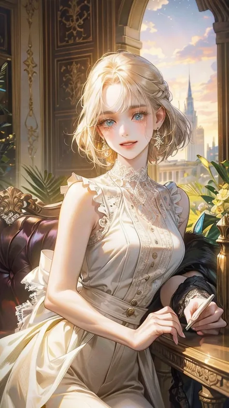 ((highest quality)),(Ultra-high resolution),(Very detailed),(Detailed Description),((The best CG)),(A masterpiece),Ultra-detailed art,Amazing drawing art,(Art with precise detail:1.5), (A woman wearing a white sleeveless blouse with lace:1.4),Lace choker:1...