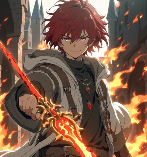 {{Artist: sincos}} 1boy, male_focus, solo, red_eyes, fire, weapon, black_hair, red_hair, sword, necklace, jewelry, belt, white coat, looking_at_viewer, hood, closed_mouth, hood_down, black_shirt, black_jacket, short_hair, open_clothes, upper_body, turtlene...