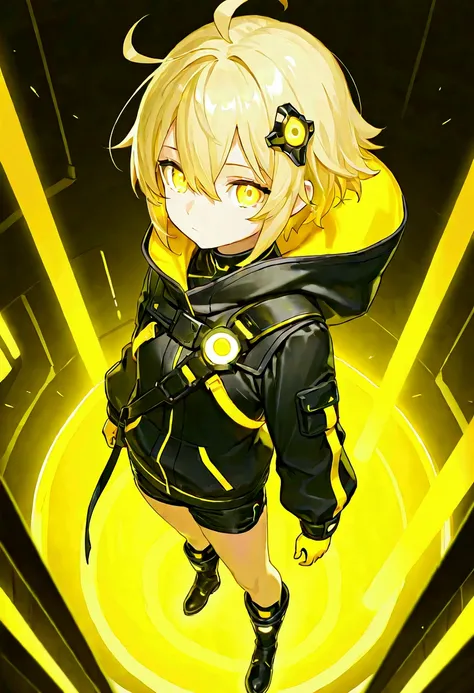  1girl, solo, looking at viewer, short hair, blonde hair, long sleeves, hair ornament, hair between eyes, closed mouth, standing, yellow eyes, ahoge, boots, black footwear, black jacket, short shorts, glowing, black shorts, from above, hood down, yellow gl...