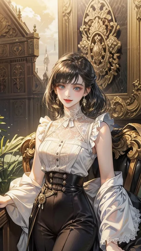 ((highest quality)),(Ultra-high resolution),(Very detailed),(Detailed Description),((The best CG)),(A masterpiece),Ultra-detailed art,Amazing drawing art,(Art with precise detail:1.5), (A woman wearing a white sleeveless blouse with lace:1.4),Lace choker:1...