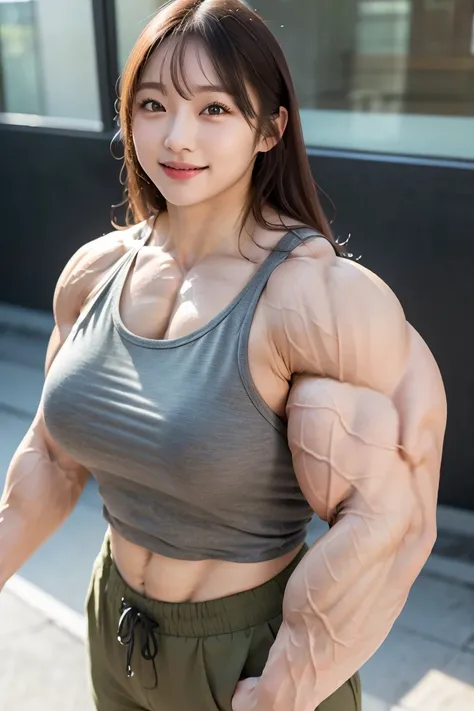 (Best quality,masterpiece,ultra detailed,8K,RAW photo,realistic,high resolution:1.2),(Pretty Japanese girl),(Super huge :1.4),(light brown hair),(tank top,pants:1.4),(muscular:1.6),(shoulder length),(light smile),(huge arms:1.5)