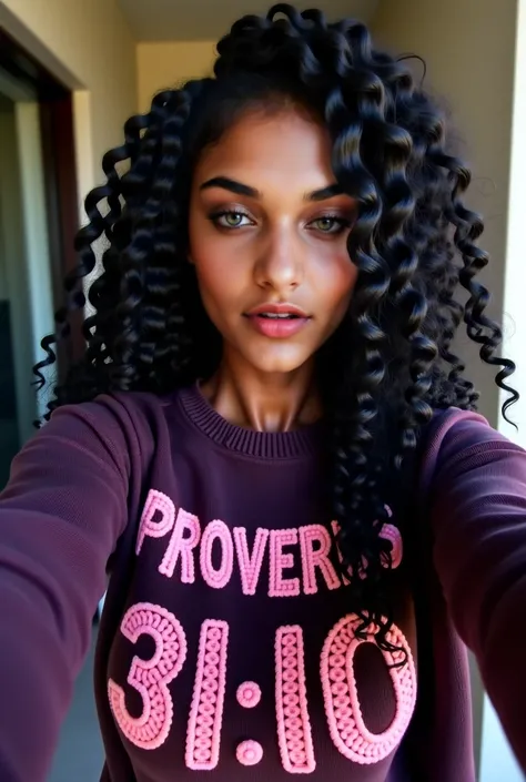  Dark-skinned Amazonian woman ,  curly hair, braided ,  Long and voluminous , dark purple crochet sweatshirt, Written on the sweatshirt PROVERBS 31:  10 in crochet in the color pink,  taking a selfie , same background, ( small breasts ),  WIDE HIPS,  fine ...