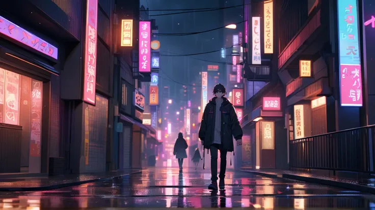 Medium shot of the protagonist, now an adult, walking through a desolate city street at night. Rain pours heavily, and neon lights reflect on the wet pavement.