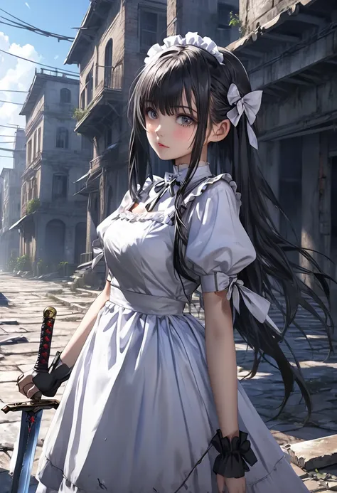 An anime girl is in an abandoned city with a sword,8 K, Anime Style 4k,  gothic maid style anime girl , 2.  5d cgi anime fantasy art, ,