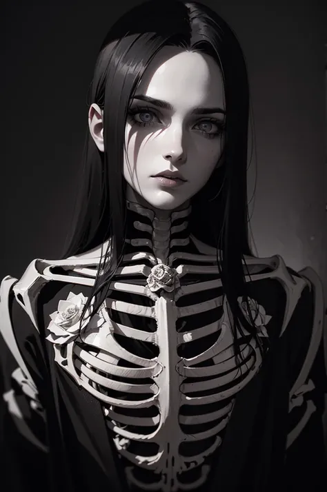 a male skeleton with long black hair, half human half skeleton, wearing a nice suit, surrounded by roses, detailed anatomical features, beautiful detailed eyes, beautiful detailed lips, extremely detailed face, cinematic lighting, moody atmosphere, dark fa...