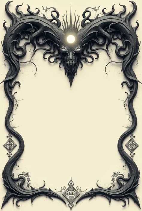 A highly detailed, symmetrical Lovecraftian-inspired  border design,it has an elongated, organic face-like structure with a central glowing orb or "eye" in its forehead, the sharp edges are raised to the top, giving it an ethereal and mystical aura. the sp...