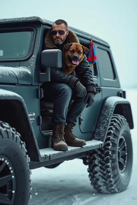 Big muscular Shepard in black glasses and in leather jacket, with fur collar,  dog looking from window,  in big jeep chinese bad ass car  in Russian xmas ornament, riding on frozen sea, throttle engine 